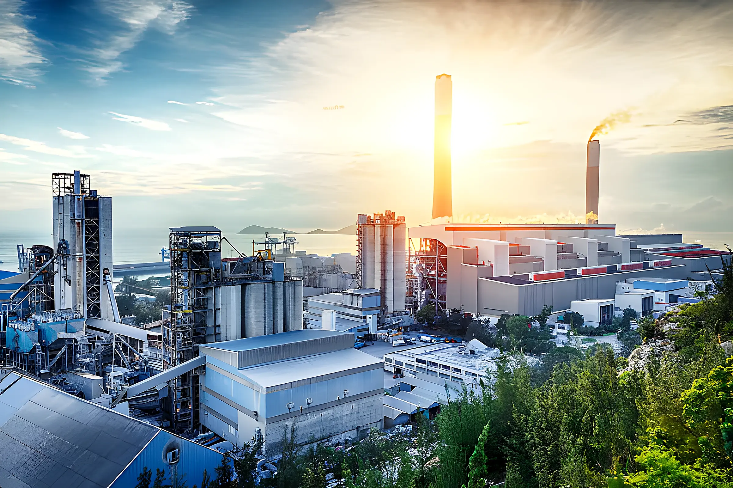 Site industriel au coucher du soleil